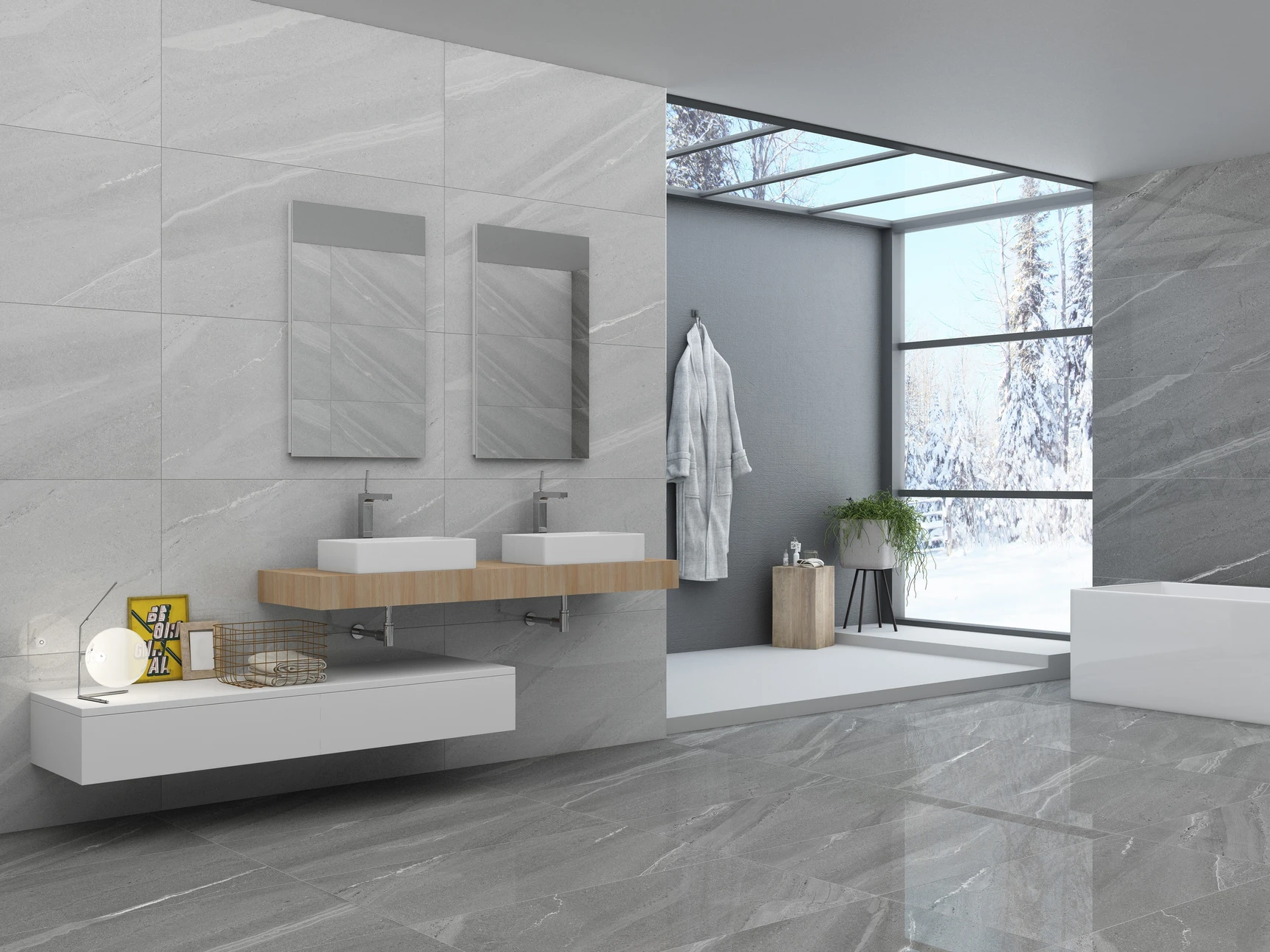 Salle de bain moderne haut de gamme avec double vasque rectangulaire blanche sur plan suspendu en bois naturel