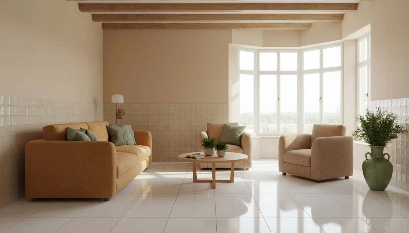 Chantier de pose de carrelage en cours, sol intérieur avec carreaux blancs rectangulaires partiellement installés