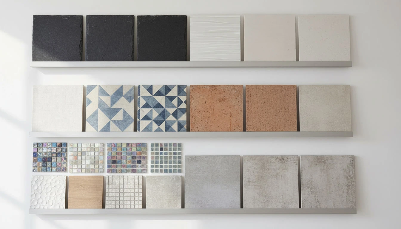 Scène d'intérieur présentant des échantillons de matériaux disposés sur carrelage métallisé